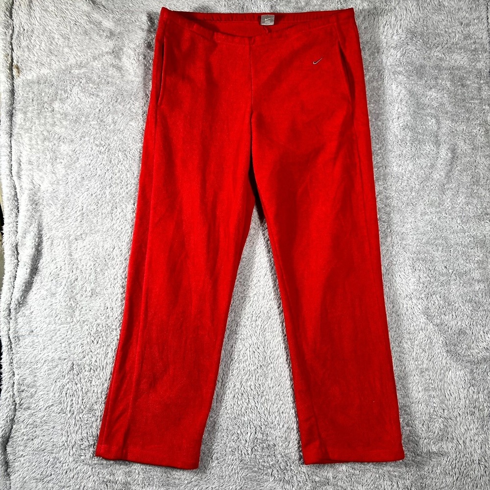 Nike Fleece Pants Womens XL Red Embroidered Logo Pockets Drawstring Straight Leg